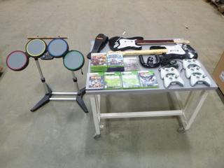 Qty of X-Box Games w/ (5) Controllers and Rock Band Set (T32)