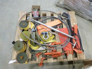 Qty of Misc. Items, Chains, Shackle, Boomers, Ratchet Straps, Lifting Hook, Bungee Cords, Sling, Straps, Hose and Wand, 5th Wheel Hook (S-4-2)