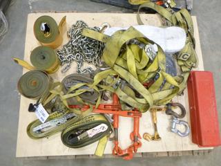 Qty of Misc. Items, Chains, Shackle, Boomers, Ratchet Straps, Lifting Hook, Bungee Cords, Straps