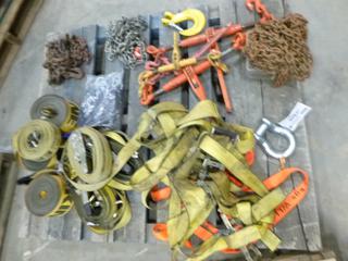 Qty of Misc Items, Chains, Ratchet Straps, Sling, Flares, Boomers, Bungee Cords, Shackle (X-2-1)