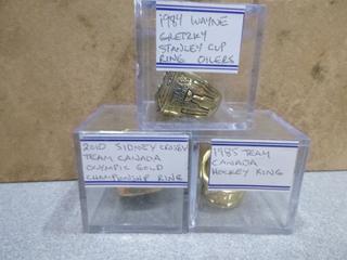 (1) 1984 Wayne Gretzky Stanley Cup Replica  Ring, (1) 1985 Team Canada Replica  Ring, (1) 2010 Sidney Crosby Team Canada  Olympic Gold  Championship Replica  Ring (Office)