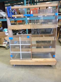 Custom Built Stand on Casters/Dolly, 4 Ft. x 2 Ft. 4 In. x 4 Ft. 8 In., White Board, Framed Glass, 22.5 x 2 Ft., (2) Smoked Glass Pieces, 18 In. x 18 In., Beveled Glass, 2 Ft. x 4 Ft.
