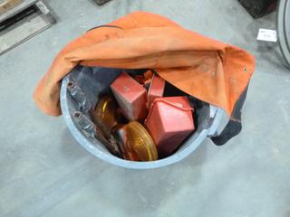 Logger King Chain Saw Chaps, (2) Flares, (2) Barricade Flashers, (2) Roof Anchors, Bolt Cutters, Plastic Garbage Tote (X-3-1)