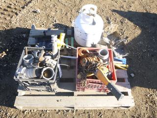 Pallet Containing Fittings, Come-A-Long, Propane Tank, Sprayers, Fire Extinguisher Holders