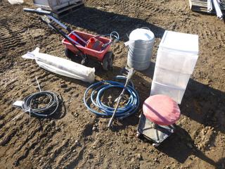 Pallet Containing Misc Items Including Storage Bin, Pressure Washer Hose, Seed Spreader, Water Jug, Stool
