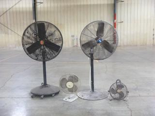 (2) Industrial Pedestal Fans With (2) Small Table Top Fans