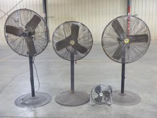 (3) Industrial Pedestal Fans With (1) Small Table Top Fan