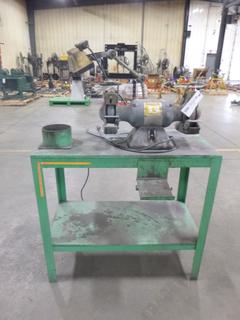 Baldor Grinder, Model 712E, Mounted On Table With Two Eye Shields And Overhead Lamp, .5 HP, 115V, 1-Phase
