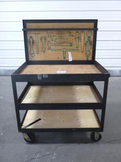 Work Bench/Cart On Wheels With Upper Back Board And Lower Shelves, 37 In. x 26 In. x 52 1/2 In.