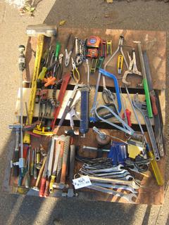Pallet Containing Assorted Hand Tools Including Hammers, Files, Wrenches, Measuring and More