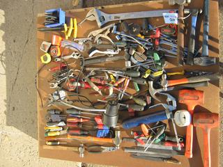 Pallet Containing Assorted Hand Tools Including Hammers, Wrenches, Knives, Pliers, Measuring Tapes and More