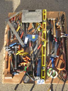 Pallet Containing Assorted Hand Tools Including Chain Tong, Level, Grease Gun, Pliers, Hammers and More