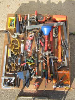 Pallet Containing Assorted Hand Tools Including C-Clamp, Hammers, Dead Blow Hammers, Funnel and More