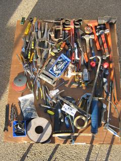 Pallet Containing Assorted Hand Tools Including C-Clamp, Sledge Hammer, Belt Wrench, Staple Gun, Grease Gun and More