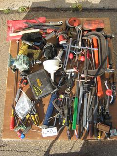 Pallet Containing Assorted Hand Tools Including Grease Gun, Belt Wrench, C-Clamp and More