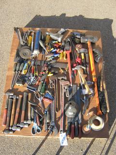 Pallet Containing Assorted Hand Tools Including Hammers, Scissors, Sledge Hammer, Pliers, L-Ruler and More