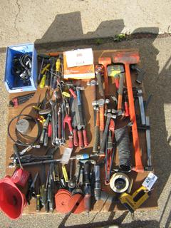 Pallet Containing Assorted Hand Tools Including Sledge Hammer, Hammers, Screw Drivers, Flat Heads, Spreader, Metal Files, Various Hose Clamps and More