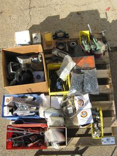 Pallet Containing Assorted Hand Tools Including Sockets, Electrical Fans, High Pressure Valves, Air Regulator, Plugs and More