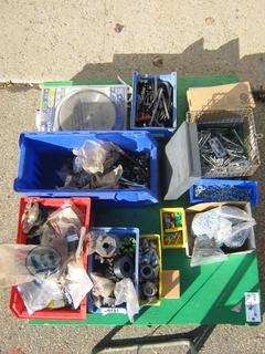 Pallet Containing Assorted Hand Tools Including Bolts, Couplers, Allen Wrenches, Grease Gun, Saw Blade and More