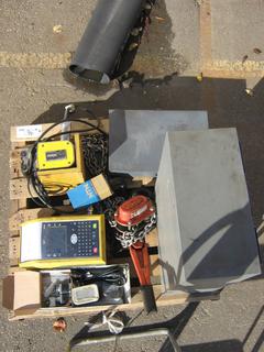 Pallet Containing Engraver, 1.5 Ton Chain Come-a-Long, Drawer with Various Parts, Bearing Unit, Nuts, Bolts and More