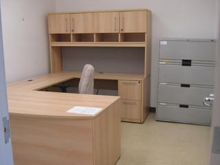 L-Shaped Desk, 72 In. x 48 In. x 29.5 In., Work Station With Overhead Cupboard Areas, 72 In. x 24 In. x 74 In., Under Desk 2-Drawer Filing Cabinet And Chair