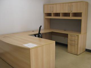 L-Shaped Desk, 72 In. x 48 In. x 29.5 In., Work Station With Overhead Cupboard Areas, 72 In. x 24 In. x 74 In., Under Desk 2-Drawer Filing Cabinet And Chair