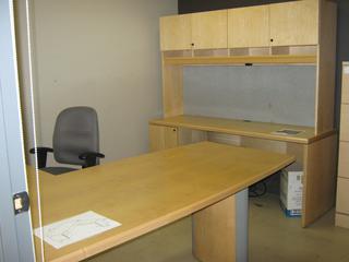 L-Shaped Desk, 72 In. x 48 In. x 30 In., Work Station With Overhead Cupboard Areas, 70 In. x 24 In. x 73 In., Under Desk 2-Drawer Filing Cabinet, 4-Drawer Upright Filing Cabinet, 36 In. x 53 In. x 16 In. (D) And Office Chair