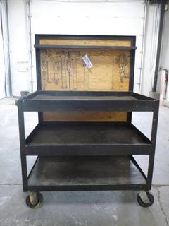 Work Bench/Cart On Wheels with Upper Back Board and Lower Shelves, 37 In. x 26 In. x 52 1/2 In.