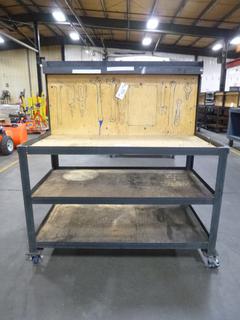 Work Bench/Cart On Wheels with Upper Back Board and Lower Shelves, 49 In. x 26 In. x 54 In.