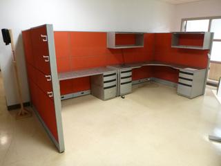 L-Shaped Desk, 78 In. x 72 In. x 24 In x 29 In. (H)., (2) 3-Drawer Under Counter Filing Cabinets, Includes Partition Walls And Overhead Storage Cabinets, *Note: Buyer Responsible For Dismantling*