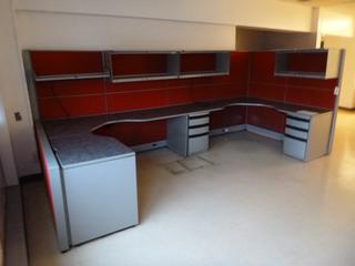 (2) L-Shaped Desk, Overall Dimensions: 156 In. x 72 In. x 24 In x 29 In. (H)., (3) 3-Drawer Under Counter Filing Cabinets, Includes Partition Walls And Overhead Storage Cabinets, *Note: Buyer Responsible For Dismantling*