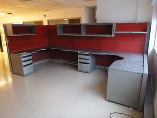 (2) L-Shaped Desk, Overall Dimensions: 156 In. x 72 In. x 24 In x 29 In. (H)., (3) 3-Drawer Under Counter Filing Cabinets, Includes Partition Walls And Overhead Storage Cabinets, *Note: Buyer Responsible For Dismantling*