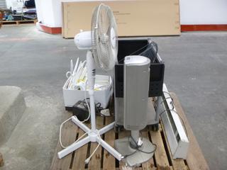 Pallet Containing Office Cart, Qty of Hangers, (2) Heaters, (1) Procore Fan