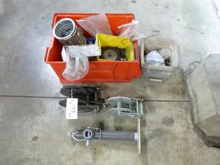 Qty of Nuts and Bolts, Misc. Hardware, (2) Winch Parts, Jack, Etc.