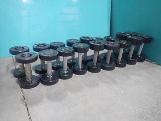 (2) 5lb, (2) 7.5lb, (2) 10lb, (2) 12.5lb, (2) 15lb, (2) 17.5lb, (2) 20lb, (2) 27.5lb And (2) 30lb Dumbbells