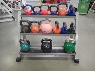 3-Tier Kettlebell Rack C/w Assorted Kettlebells *Note: This Item Is Located At 7103 68AVE NW- Location 2*