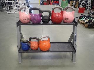 2-Tier Kettlebell Rack C/w Assorted Kettlebells *Note: This Item Is Located At 7103 68AVE NW- Location 2*