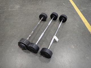 Qty Of (3) Straight Bars C/w 60lb, 70lb And 105lb Weights  *Note: This Item Is Located At 7103 68AVE NW- Location 2*