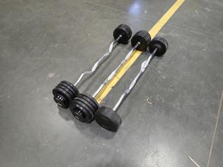 Qty Of (3) Curved Bars C/w 60lb, 100lb And 110lb Weights  *Note: This Item Is Located At 7103 68AVE NW- Location 2*