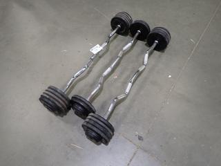 Qty Of (3) Curved Bars C/w 60lb, 100lb And 110lb Weights  *Note: This Item Is Located At 7103 68AVE NW- Location 2*