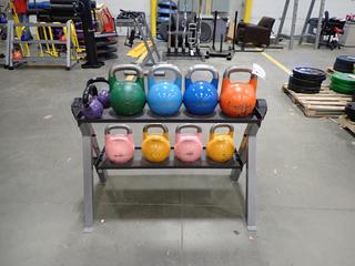 2-Tier Kettlebell Rack C/w Assorted Kettlebells *Note: This Item Is Located At 7103 68AVE NW- Location 2*