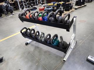 2-Tier Kettlebell Rack C/w Assorted Kettlebells *Note: This Item Is Located At 7103 68AVE NW- Location 2*