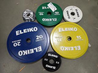 Qty Of (3) 0.5kg, (2) 1.25kg, (2) 2.5kg, (2) 5kg, (2) 10kg, (2) 15kg And (2) 20kg Eleiko Weight Plates *Note: This Item Is Located At 7103 68AVE NW- Location 2*