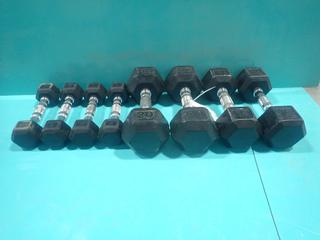 Qty Of (4) 5lb, (2) 15lb And (2) 20lb Hex Dumbbells