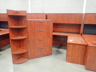 5ft X 23in X 66in Desk C/w Hutch, 35in X 22in X 29in Cabinet, 35in X 22in X 54in 4-Drawer Cabinet And 15in X 15in X 66in Corner Shelf. *Note: This Item Is Located At 7103 68AVE NW- Location 2*