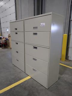 (2) 3ft X 19in X 67in 5-Drawer Filing Cabinets. *Note: (1) Cabinet Locked, Has Some Dents, This Item Is Located At 7103 68AVE NW- Location 2*