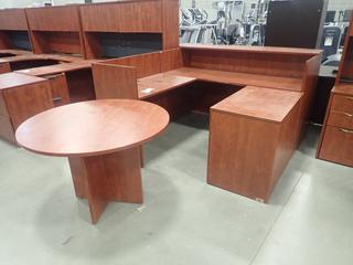 71in X 74in X 29in (W) X 42in (H) Reception Desk C/w 35in X 22in X 29in 2-Drawer Filing Cabinet And 42in X 29in Round Table. *Note: This Item Is Located At 7103 68AVE NW- Location 2*
