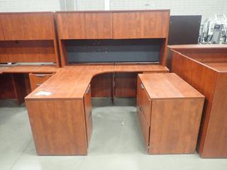 72in X 66in X 22in (W) X 29in (H) L-Shaped Office Desk C/w Hutch, 16in X 22in X 28in 2-Drawer Under Desk Filing Cabinet And 35in X 22in X 29in 2-Drawer Filing Cabinet. *Note: This Item Is Located At 7103 68AVE NW- Location 2*