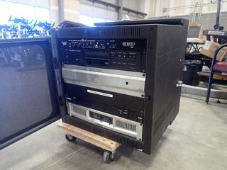 22.5in X 22.5in X 25in Middle Atlantis Wall Mtd Accessory Enclosure Cabinet w/ Tascam CD-160MKII CD Player, Rolls Mix Mate 3 Microphone/Stereo Mixer, QSC GX5 Amplifier And Furman M-8X2 Power Conditioner *Note: This Item Is Located At 7103 68AVE NW- Location 2*
