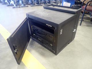 22.5in X 22.5in X 21in Wall Mtd Accessory Enclosure Cabinet w/ Tascam CD-160MKII CD Player And T0A A-712 Amplifier *Note: This Item Is Located At 7103 68AVE NW- Location 2*